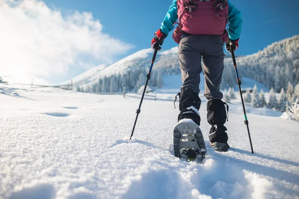 スノーシューを背負った女性が雪に覆われた山を登ったり冬のトレッキングやハイキングをしたり — ストック写真
