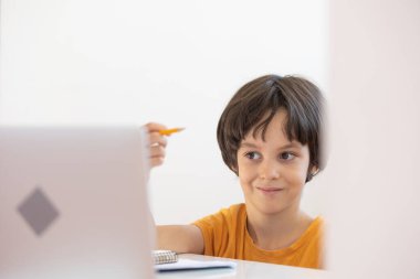 a boy gesturing with his hands during an online lesson. Online distance learning. a boy with a computer communicates via videoconference with a teacher and a class group. The child communicates online