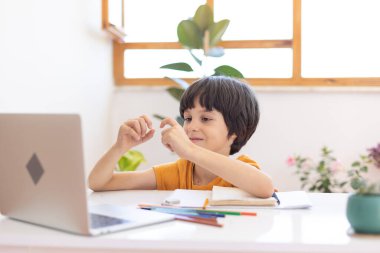 a boy gesturing with his hands during an online lesson. Online distance learning. a boy with a computer communicates via videoconference with a teacher and a class group. The child communicates online