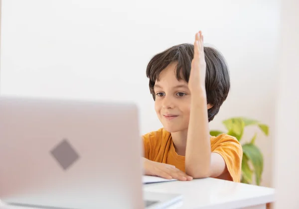 Chlapec Zvedne Ruku Během Lekce Line Dálkové Vzdělávání Chlapec Počítačem — Stock fotografie