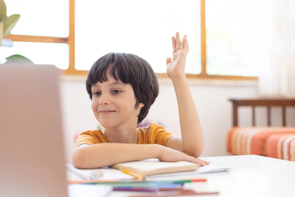 Jongen Steekt Zijn Hand Tijdens Les Online Afstandsonderwijs Een Jongen — Stockfoto