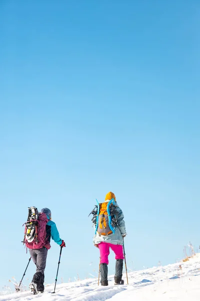 Két Sétál Hóban Egy Téli Túrán Kettő Hegyekben Télen Túrázó — Stock Fotó