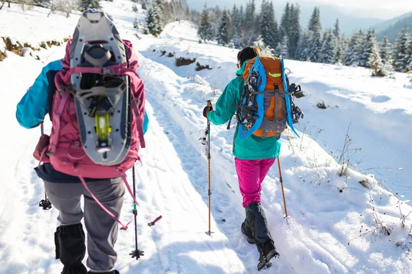 여자가 배낭에 신발을 여행을 겨울에 산에서 장비를 가지고 등산을 — 스톡 사진