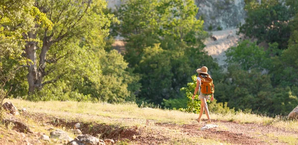 Chica Viajero Con Una Mochila Largo Camino Montaña Una Joven — Foto de Stock