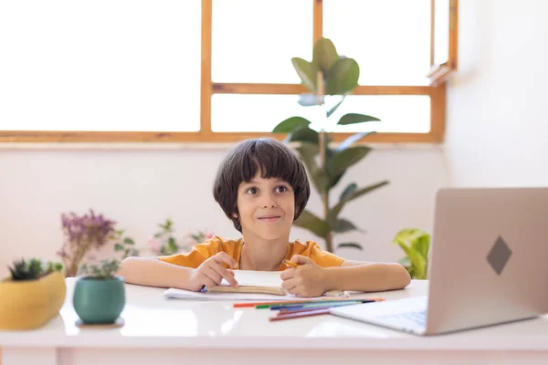Online distance learning. a boy with a computer communicate via videoconference with a teacher and a class group. The child communicates online.