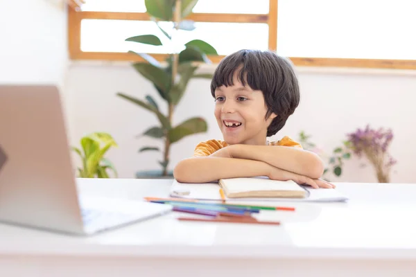 Online Distance Learning Boy Computer Communicate Videoconference Teacher Class Group — Stock Fotó