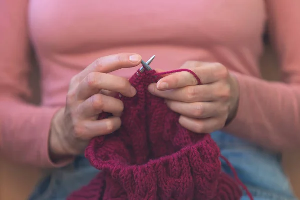 Woman Knitting Female Hands Close Woman Engaged Needlework — Stock Photo, Image