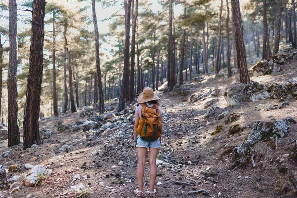 Ormanda sırt çantası ve hasır şapkalı bir kadının portresi, yürüyüş yapan gülümseyen bir kız, yaz yürüyüşü yapan, dağ yolunda yürümekten zevk alan mutlu bir kadın.