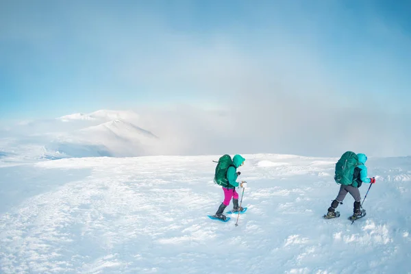 Climbers Climb Mountain Two Girls Snowshoes Walk Snow Hiking Mountains — Stockfoto