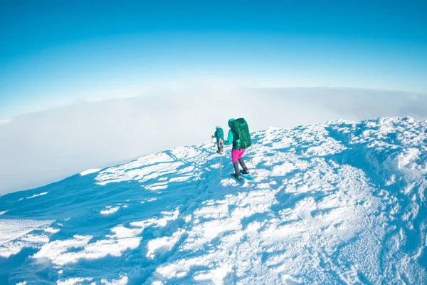 Two Girls Walk Mountain Path Snowshoes Walking Snow Hiking Mountains — Zdjęcie stockowe