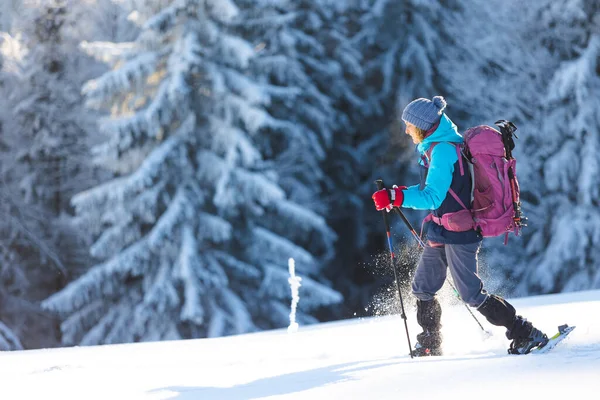 Žena Chodí Sněžnicích Sněhu Zimní Trekking Osoba Horách Zimě Turistické — Stock fotografie