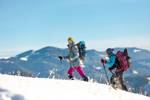 Две Женщины Ходят Снегу Зимний Поход Две Зимой Горах Туристическое — стоковое фото