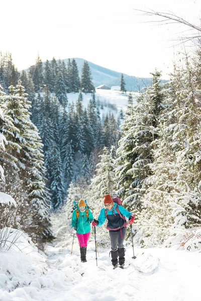 Dos Chicas Con Mochilas Caminan Través Nieve Entre Los Árboles — Foto de Stock