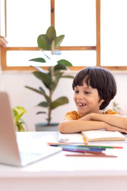 Çevrimiçi mesafe öğrenimi. Bilgisayarlı bir çocuk bir öğretmen ve sınıf grubuyla video konferans yoluyla iletişim kuruyor. Çocuk internetten iletişim kuruyor..