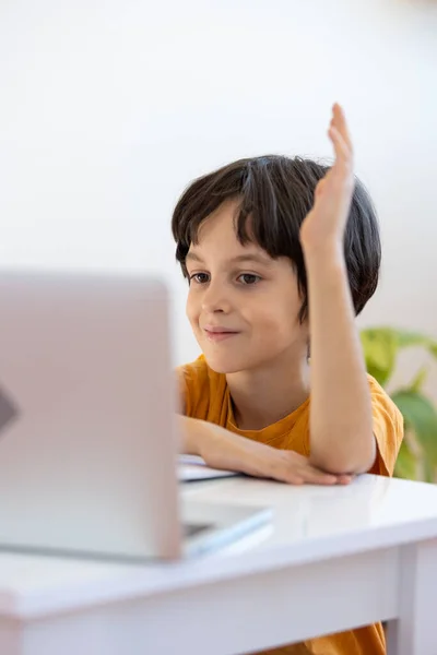 Boy Raises His Hand Lesson Online Distance Learning Boy Computer — Stock Fotó