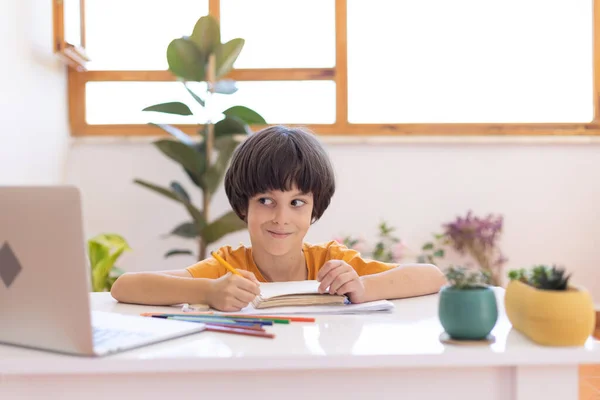 Boy Writes Draws Notebook Online Lesson Distance Online Learning Boy — Stock Fotó