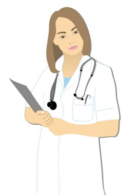 Elinde telefon endoskopu ve beyaz arka planda klasörü olan bir kız doktor.
