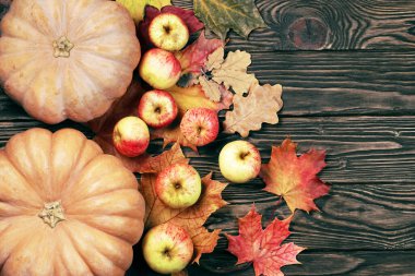 Balkabakları, elmalar, düşmüş akçaağaç yapraklarıyla sonbahar arkaplanı.