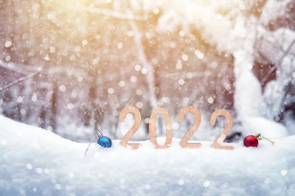 2022 Plywood New Year Numbers Snowdrift Outdoors Winter Forest Christmas — Stock Photo, Image