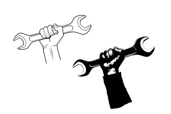 Obreros mano sostiene una gran llave vector ilustraciones aisladas en blanco — Archivo Imágenes Vectoriales
