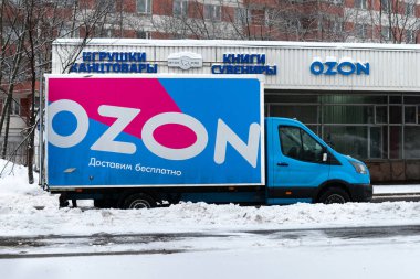 Moscow, Russia, January 06, 2022: truck of the OZON company stands near the branch of the company in winter outdoors