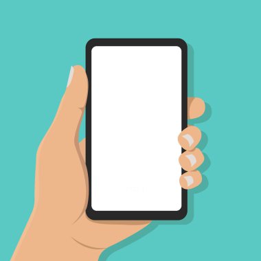 Male hand holds a smartphone with a blank white empty touchscreen isolated