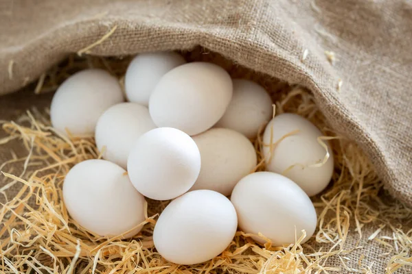 Weiße Hühnereier mit Klettenbeuteln auf Heu oder Stroh bedeckt — Stockfoto