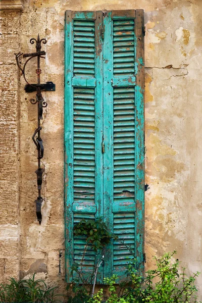 Worn Wooden Window Shutters Shabby Orange Wall Tel Aviv Street — Photo