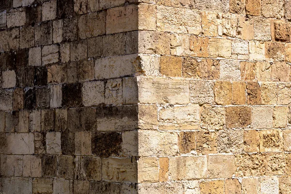 Antiga Parede Tijolo Canto Cidade Velha Jerusalém Com Meio Iluminado — Fotografia de Stock