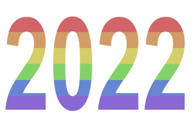LGBT kollektifinin temsili renklerinde 2022 numara: kırmızı, turuncu, sarı, yeşil, mavi ve mor; beyaz arka planda. Resim ve renk bantları yatay yönelimde gösterilir.