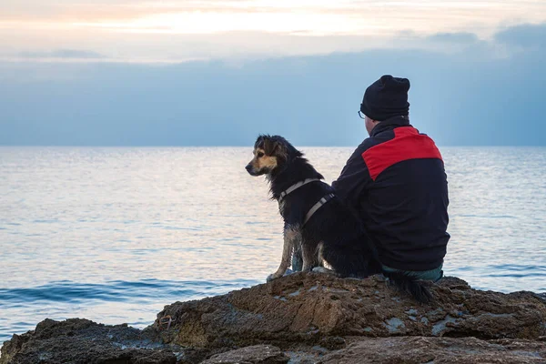 Sırtından görülen siyah ve kırmızı ceketli kimliği belirsiz beyaz bir adam ve köpeği deniz kenarındaki bir kayanın üzerinde oturuyor. Ufuk bulanık ve gökyüzü bulutlu..