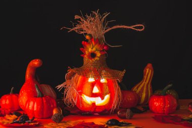 Turuncu bir zemin üzerinde yapraklar, palamutlar, balkabakları ve örümceklerle çevrili şapka ve çiçeklerle süslenmiş bir Cadılar Bayramı balkabağı..