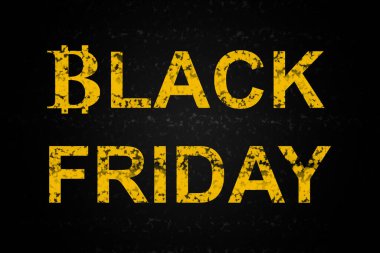 On a black background with texture and circular gradient is written the text Black Friday in yellow font with a texture like the background. The letter B is like the Bitcoin symbol.
