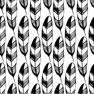 Kuş tüyü ya da eski bir tüy kalem desenli dikişsiz siyah beyaz vektör.