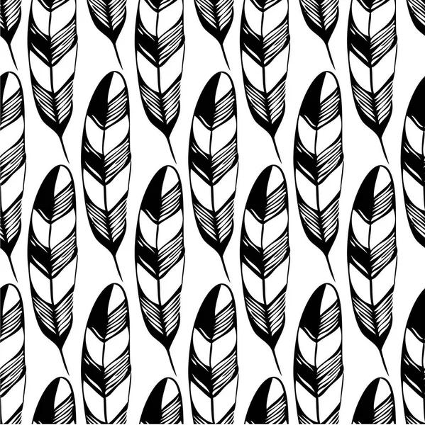 Hand Drawn Seamless Vector Black White Pattern Bird Feather Vintage — Stock Vector