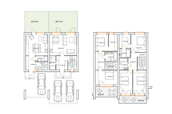 Детальный Архитектурный План Частного Дома Планировка Квартиры Голубой Принт Векторная — стоковый вектор