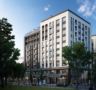 Mağazaları ve restoranları olan çok katlı modern bir şehir binasının 3D canlandırması