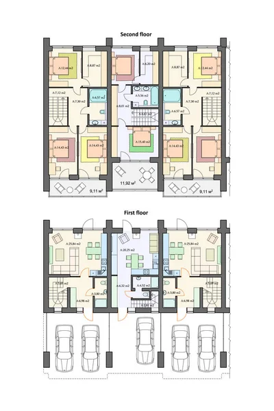 Detailed Architectural Townhouse Floor Plans Apartments Layout Blueprint Vector Illustration — Vettoriale Stock