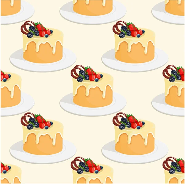 Vector Hand Drawn Biscuit Cake Icing Berries Seamless Pattern —  Vetores de Stock
