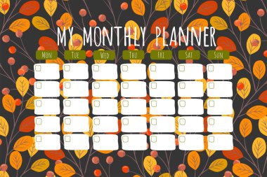 Vektör sonbahar yaprakları el çizimi aylık planlayıcı