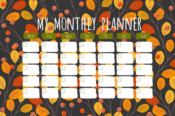 Vector Autumn Leaves Hand Drawn Monthly Planner — Archivo Imágenes Vectoriales