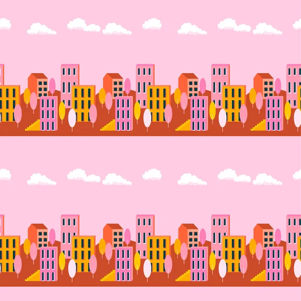 Vector Pink Seamless Pattern Urban Landscape Buildings Trees — ストックベクタ