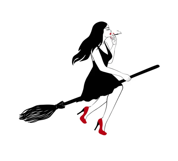 Hand Drawn Vector Illustration Sexy Smoking Witch Flying Broom — Vettoriale Stock