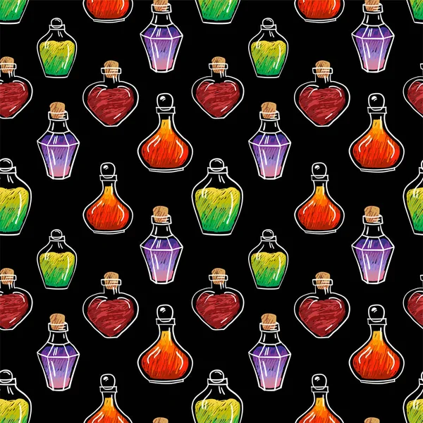 Hand Drawn Vector Seamless Pattern Glass Bottles Colorful Magic Potion — стоковый вектор