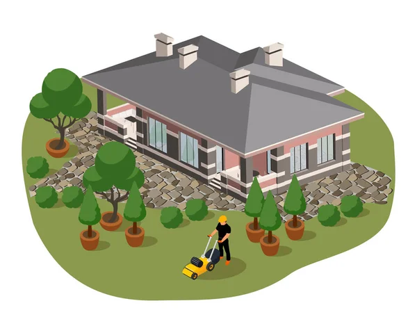 Vector Private House Worker Mowing Green Lawn Isometric Aerial View — Image vectorielle