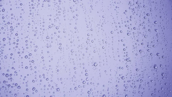 Gotas de lluvia sobre vidrio después de la lluvia tonificado en el color muy Peri de moda del año 2022. Fondo púrpura o violeta abstracto con patrón natural de gotas de agua —  Fotos de Stock