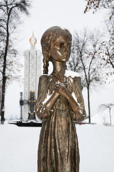 Kyiv, Ukraine - JAN 2019: Close-up of child holding spikelet monument in front of National Museum of Holodomor Genocide also known as Memorial in Commemoration of famine victims of 1923-1933 years — Stock Photo, Image