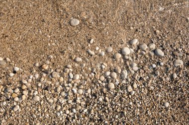 Çakıl taşı plajı dokulu arka plan. Yuvarlak taşlar ve Akdeniz 'in kumları. Yunanistan 'ın Korfu adasındaki Paleokastritsa plajı