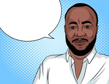 Pop sanat tarzında renk vektör çizimi. Beyaz gömlekli bir işadamı mavi arka planda duruyor. Başarılı sakallı Afrikalı Amerikalı adam. İş uygulaması için kavram tasarımı
