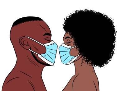 Koruyucu maske takan aşık bir çiftin renk vektör çizimi. Beyaz arka planda birbirine bakan Afro-Amerikalı kadın ve erkek. Covid 'e karşı kavramsal poster.